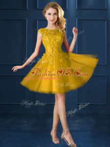 Colorful Gold Tulle Lace Up Bridesmaid Dresses Cap Sleeves Knee Length Lace and Appliques