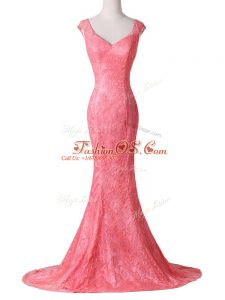 Stunning Watermelon Red Lace Backless V-neck Cap Sleeves Evening Party Dresses Brush Train Lace