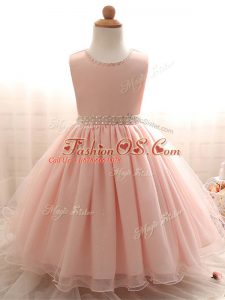 Scoop Sleeveless Little Girls Pageant Dress Floor Length Beading Pink Organza