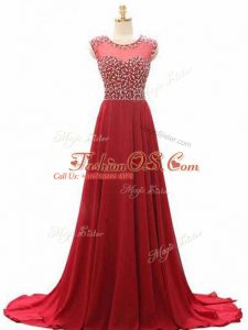Beauteous Wine Red Lace Up Scoop Beading Prom Evening Gown Chiffon Sleeveless Brush Train