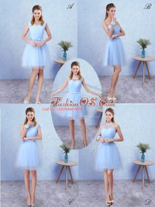 Smart Blue Lace Up Scoop Ruching Bridesmaid Gown Tulle Sleeveless