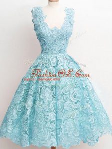 Aqua Blue Lace Zipper Bridesmaids Dress Sleeveless Knee Length Lace
