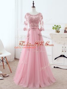 Scoop 3 4 Length Sleeve Tulle Mother Of The Bride Dress Lace and Appliques and Belt Lace Up