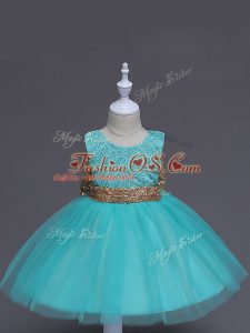 Aqua Blue Tulle Zipper Scoop Sleeveless Knee Length Kids Formal Wear Lace and Bowknot