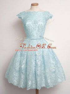 Top Selling Knee Length A-line Cap Sleeves Light Blue Bridesmaid Dresses Lace Up