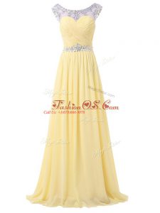 Attractive Light Yellow Backless Oscars Dresses Beading and Ruching Sleeveless Floor Length