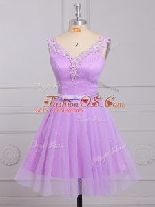 Lilac A-line Appliques and Belt Bridesmaid Dresses Lace Up Lace Sleeveless Mini Length