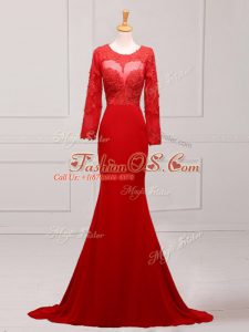 Red Long Sleeves Chiffon Brush Train Zipper Mother Of The Bride Dress for Prom and Military Ball and Sweet 16