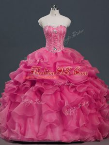 Artistic Hot Pink Sweetheart Lace Up Beading and Ruffles and Pick Ups Sweet 16 Dress Sleeveless