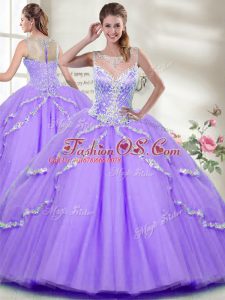 Lavender Sleeveless Tulle Zipper Quince Ball Gowns for Military Ball and Sweet 16 and Quinceanera