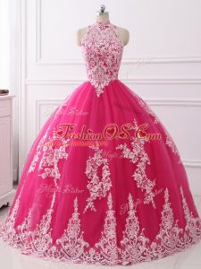 Dynamic High-neck Sleeveless Zipper Ball Gown Prom Dress Hot Pink Tulle