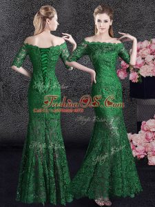 Popular Mermaid Off the Shoulder Lace Mother Of The Bride Dress Green Lace Up Half Sleeves Floor Length