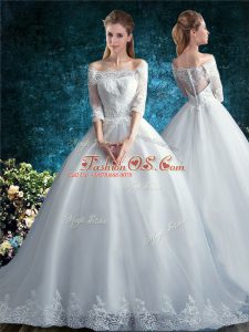 Ball Gowns Half Sleeves White Wedding Gown Court Train Clasp Handle