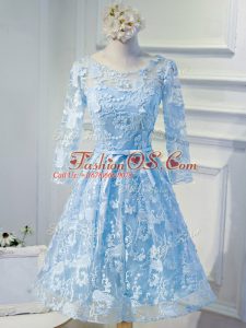 Long Sleeves Organza Mini Length Lace Up Casual Dresses in Light Blue with Beading and Appliques