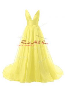 Wonderful Yellow A-line Organza V-neck Sleeveless Ruching Backless Evening Dress Brush Train