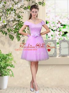 Stunning Lilac Wedding Party Dress Prom and Party with Lace and Belt V-neck Cap Sleeves Lace Up