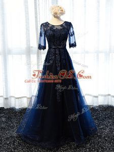 Navy Blue Lace Up Homecoming Dress Lace and Appliques Half Sleeves Floor Length