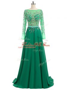 Hot Sale Long Sleeves Beading Backless Prom Gown with Green Brush Train