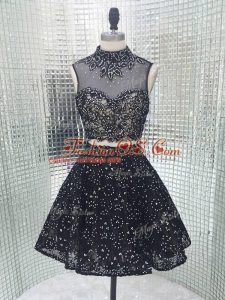 Black Sleeveless Mini Length Beading and Lace and Appliques Backless Evening Dress