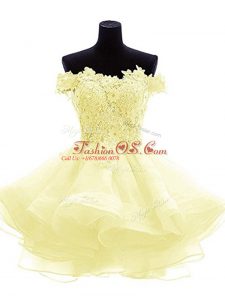 Light Yellow A-line Off The Shoulder Sleeveless Organza Mini Length Zipper Beading and Lace and Appliques and Ruffles Prom Evening Gown