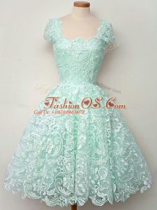 Pretty Apple Green Cap Sleeves Lace Lace Up Quinceanera Court of Honor Dress for Prom and Party and Wedding Party