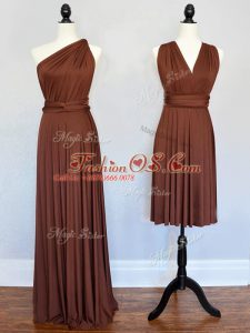 On Sale Brown One Shoulder Neckline Ruching Bridesmaid Dress Sleeveless Lace Up
