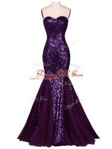 High Class Mermaid Evening Gowns Purple Sweetheart Chiffon and Tulle Sleeveless Floor Length Lace Up