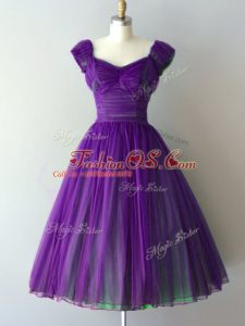 Comfortable Cap Sleeves Chiffon Knee Length Lace Up Vestidos de Damas in Purple with Ruching