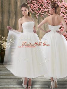 Off The Shoulder Sleeveless Wedding Gowns Ankle Length Ruching White Organza