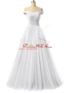 Floor Length White Prom Dresses Off The Shoulder Sleeveless Lace Up