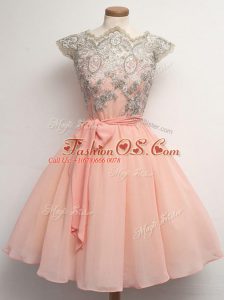 Amazing Peach Chiffon Zipper Scalloped Cap Sleeves Knee Length Bridesmaid Gown Lace and Belt