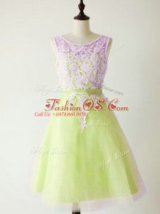 Lovely Knee Length Lace Up Bridesmaid Dresses Yellow Green for Prom and Party and Wedding Party with Lace