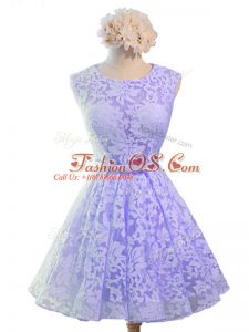 Modest Lavender Sleeveless Knee Length Belt Lace Up Dama Dress for Quinceanera