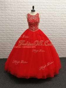 Brush Train Ball Gowns Ball Gown Prom Dress Red Scoop Tulle Sleeveless Zipper