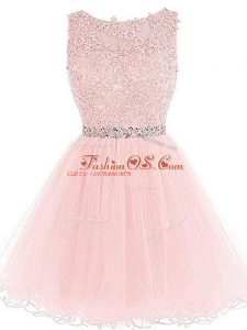 Pink Scoop Neckline Beading and Lace and Appliques and Ruffles Prom Evening Gown Sleeveless Zipper