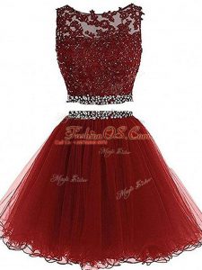 Great Burgundy Zipper Prom Gown Beading and Lace and Appliques Sleeveless Mini Length
