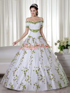 Colorful White Short Sleeves Floor Length Embroidery Lace Up Quinceanera Gown