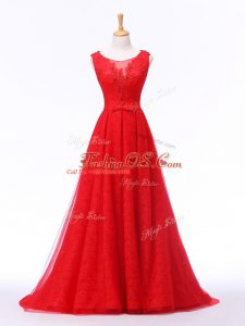 Superior Tulle Sleeveless Evening Dresses Brush Train and Lace and Appliques and Belt