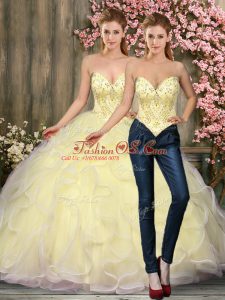 Sleeveless Floor Length Beading and Ruffles Lace Up 15 Quinceanera Dress with Light Yellow