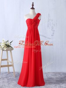 Red One Shoulder Lace Up Hand Made Flower Bridesmaid Gown Sleeveless