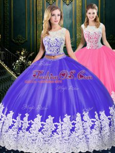 Blue And White Ball Gowns Tulle Scoop Sleeveless Appliques and Embroidery Floor Length Clasp Handle Quince Ball Gowns