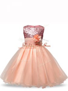 Scoop Sleeveless Zipper Girls Pageant Dresses Peach Organza