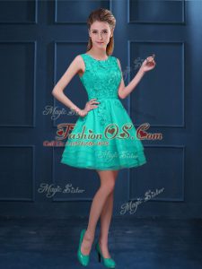 Turquoise Tulle Zipper Scoop Sleeveless Knee Length Quinceanera Court of Honor Dress Lace and Ruffled Layers