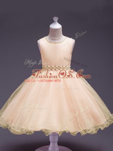 Superior Peach Sleeveless Knee Length Beading Zipper Girls Pageant Dresses