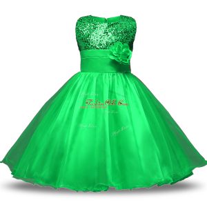 Custom Fit Green Scoop Neckline Belt and Hand Made Flower Toddler Flower Girl Dress Sleeveless Zipper