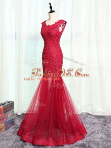 Enchanting Red Tulle Zipper Scoop Sleeveless Floor Length Mother Of The Bride Dress Lace and Appliques
