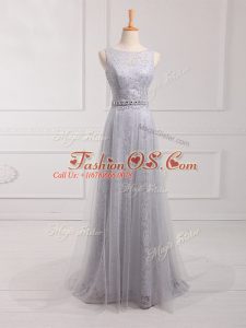 Grey Bridesmaid Gown Prom and Party and Wedding Party with Beading and Lace Scoop Sleeveless Brush Train Zipper
