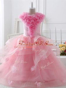 Popular Baby Pink Ball Gowns Ruffles and Hand Made Flower Pageant Gowns For Girls Zipper Tulle Sleeveless Floor Length