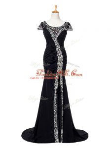 Affordable Black Mermaid Scoop Cap Sleeves Elastic Woven Satin Brush Train Zipper Beading and Ruching Formal Dresses