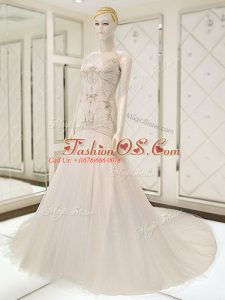 Beautiful Court Train Mermaid Wedding Gown White V-neck Tulle Sleeveless Side Zipper